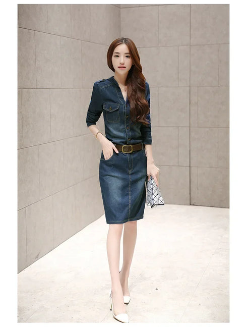 Slimming Women's Denim Dress Medium Length Short Sleeves Smooth Silhouette
